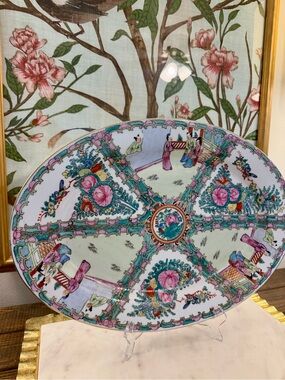 Hand-Painted Pink & Turquoise Oriental Porcelain Platter